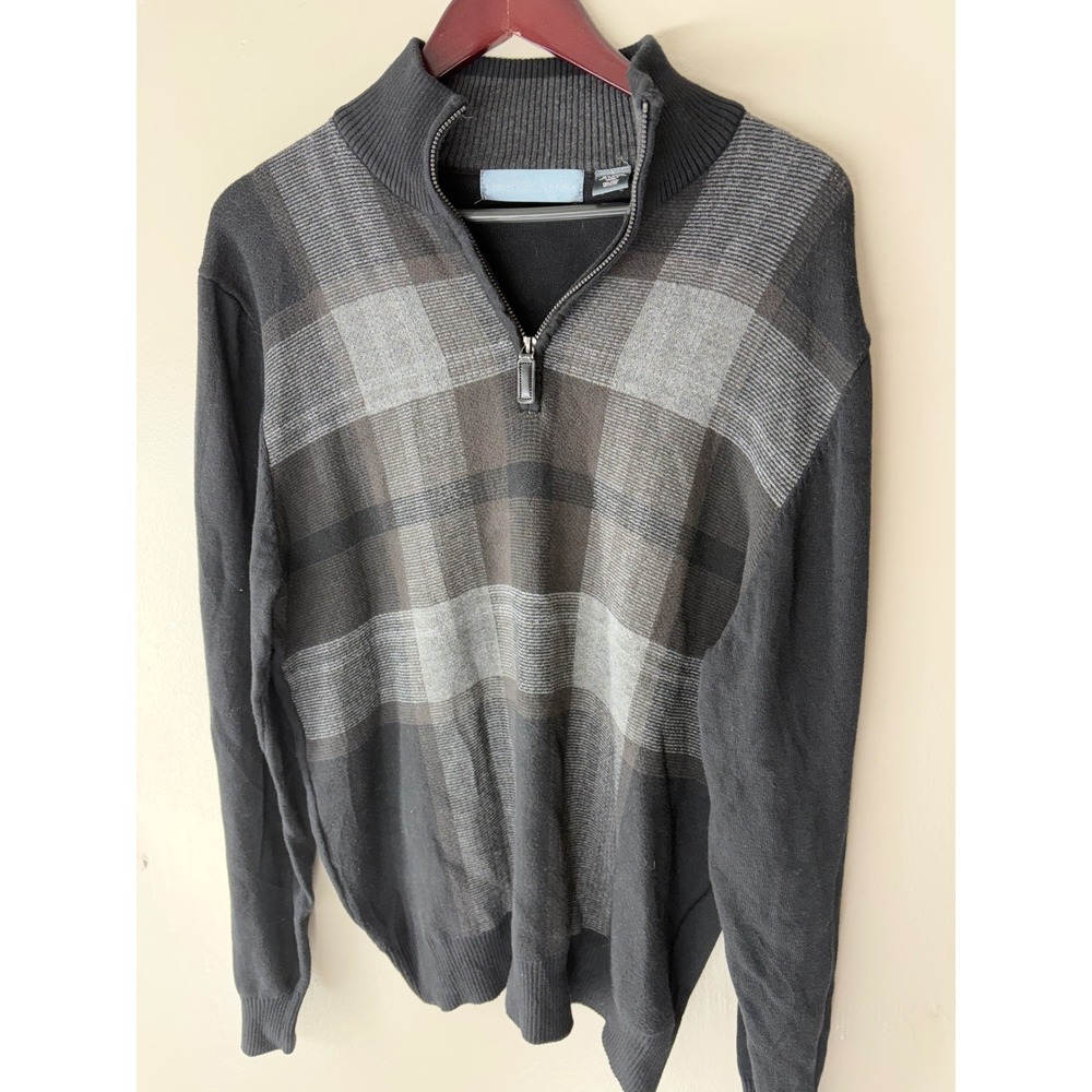 Oscar de la Renta Mens Quarter Zip Sweater Black Grey Plaid Pullover Large